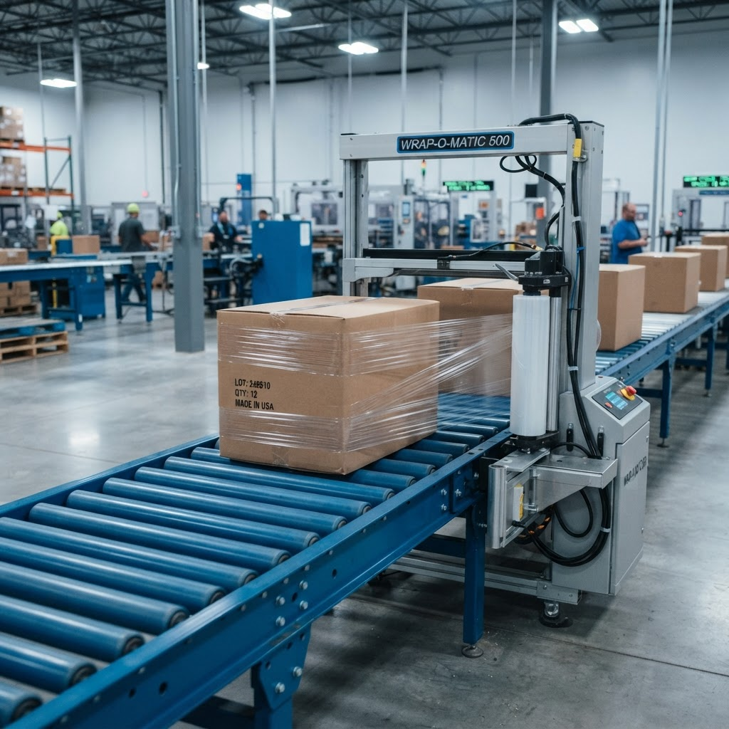Cardboard boxes moving along an industrial roller conveyor in a packaging facility
