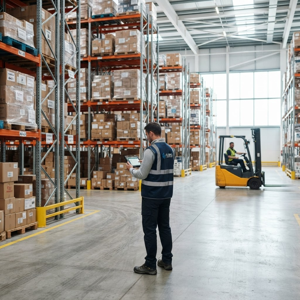 Warehouse worker with a tablet standing among industrial storage racks